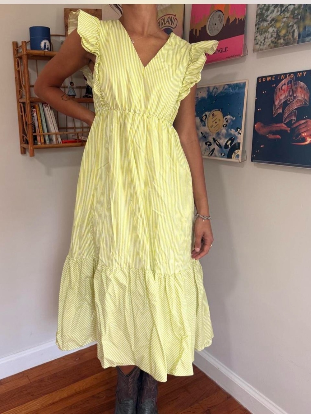 Nanette Lepore Yellow Striped Ruffle Sleeve Maxi Dress